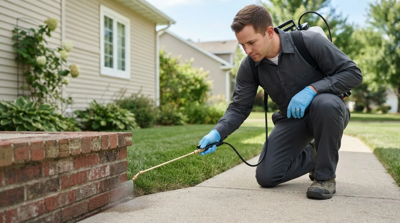 Pest control technician treating a home near Cecil, WI