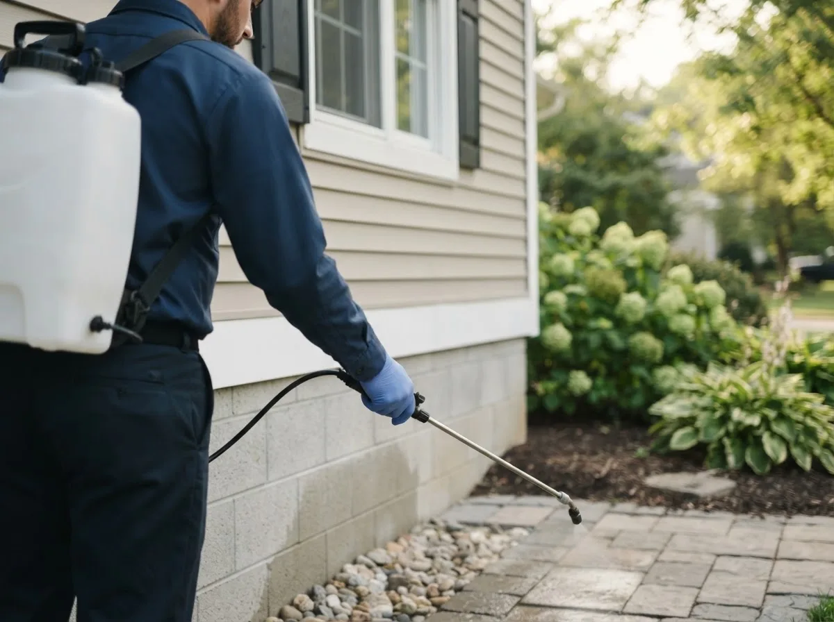 Pest control technician inspecting a home in Cecil, WI